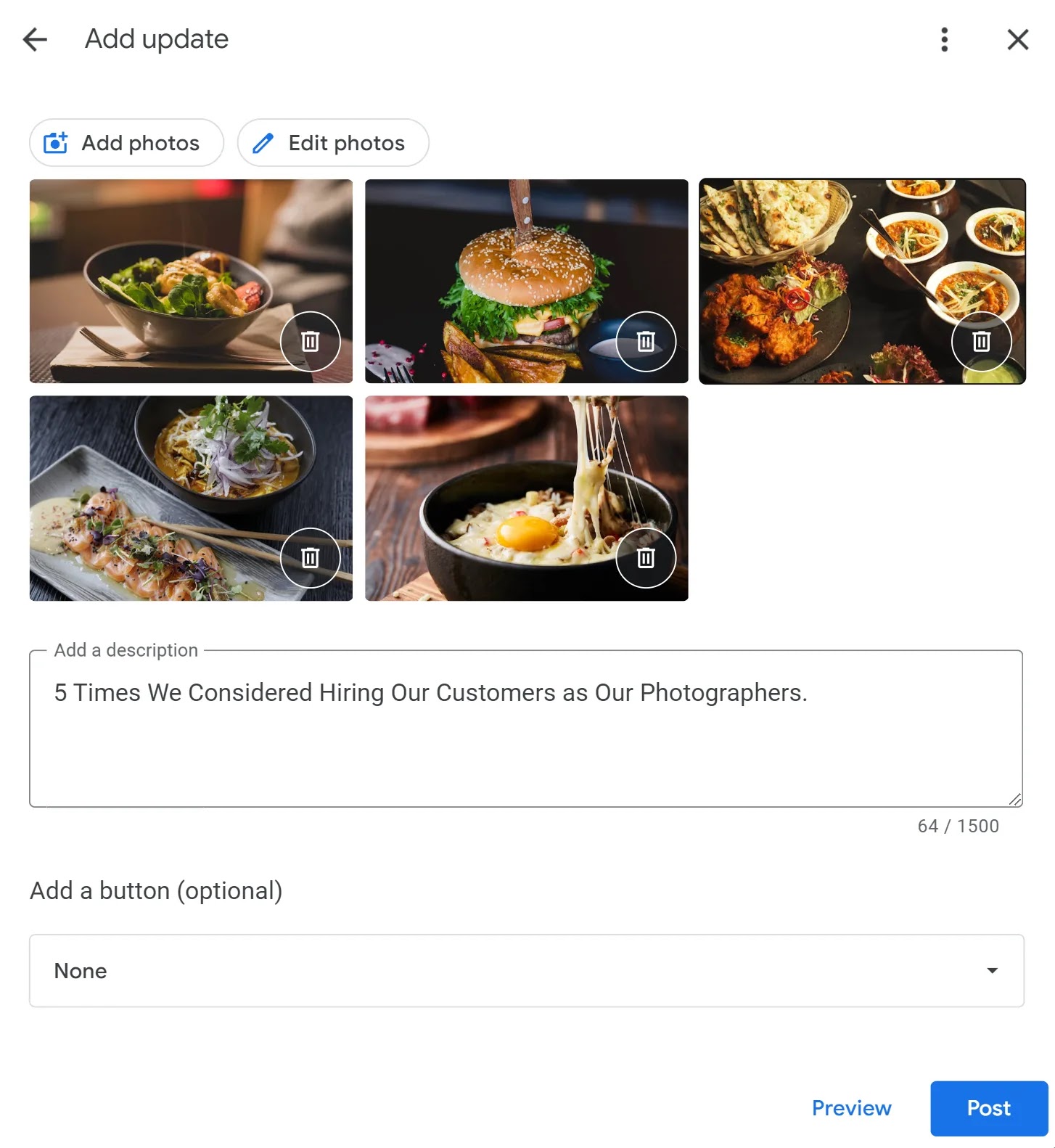 Creating a GBP update with UGC and a description that reads “5 Times We Considered Hiring Our Customers as Our Photographers
