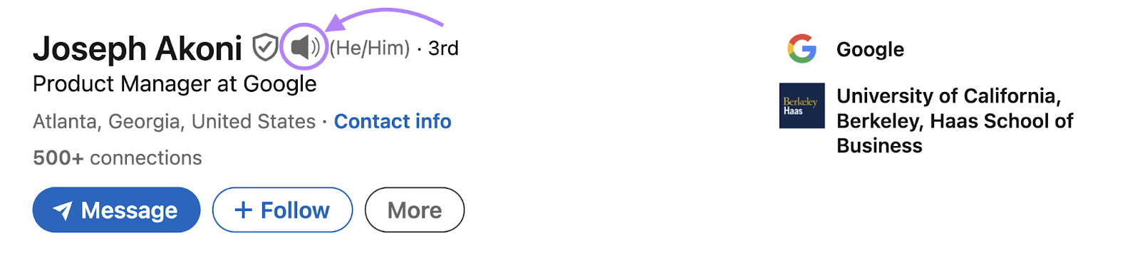 A name pronunciation button on Joseph Akoni's 领英 profile