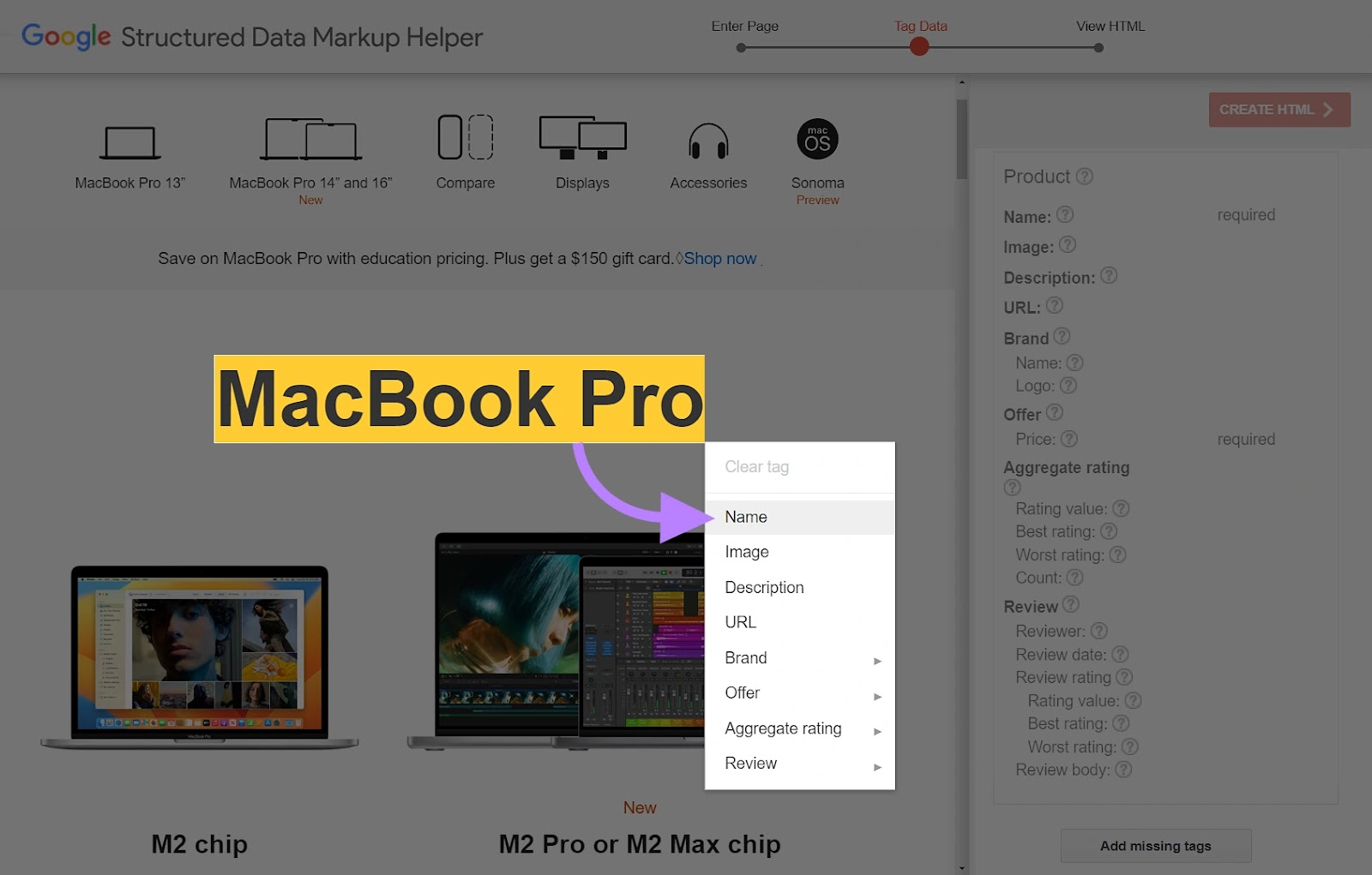 Google 结构化数据标记助手 tool with the “姓名” option selected in the drop-down menu.