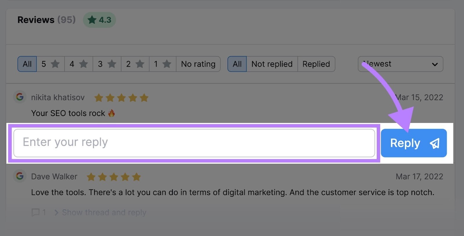 答复ing to reviews from 检讨及管理 tool