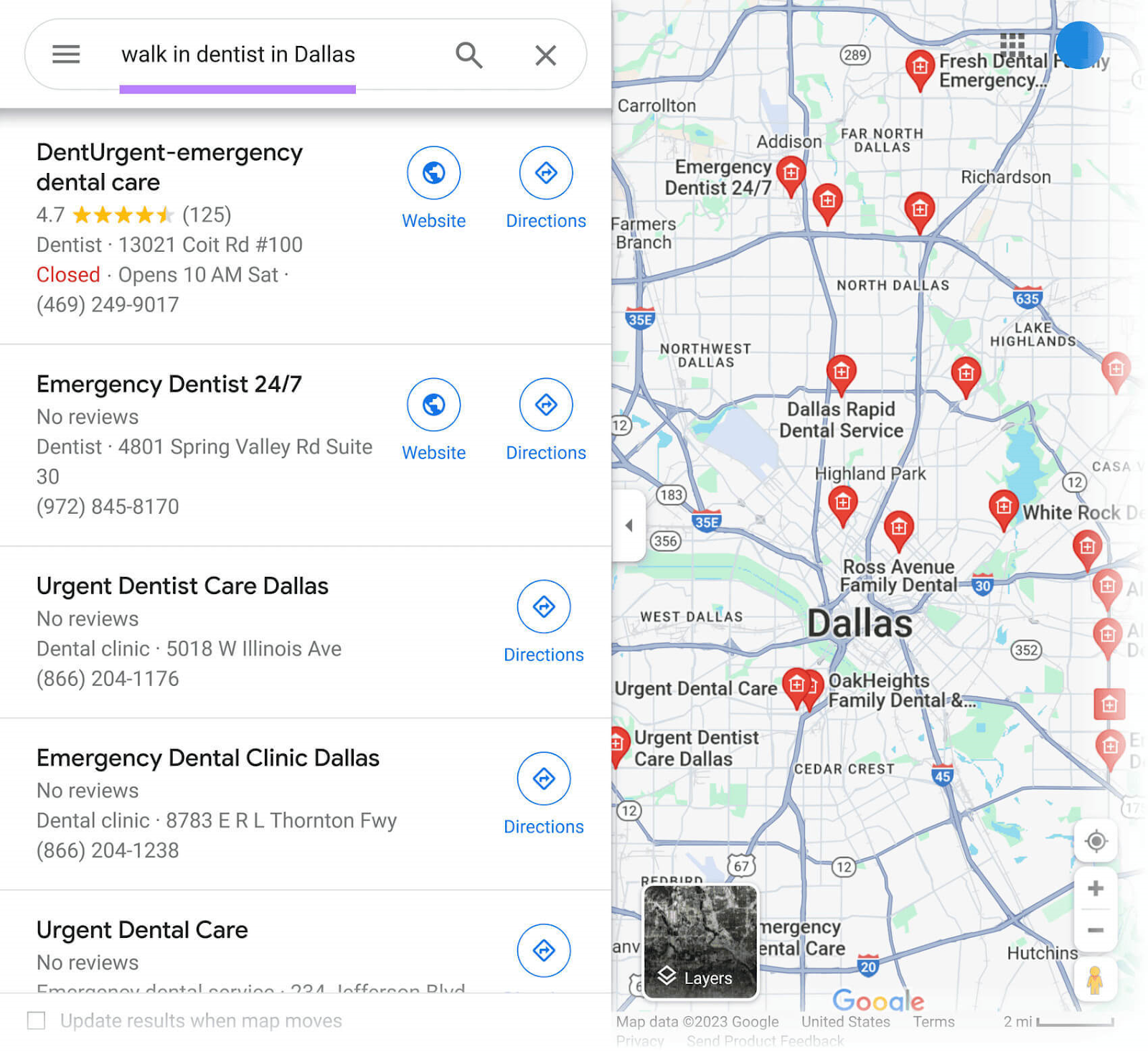 Google Maps results for