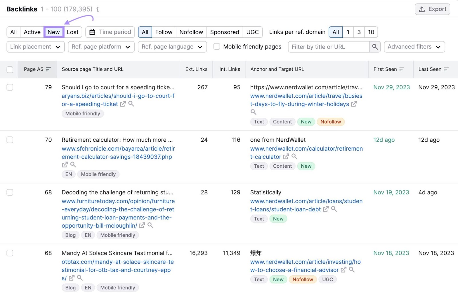 A list of discovered backlinks in 反向链接分析 tool