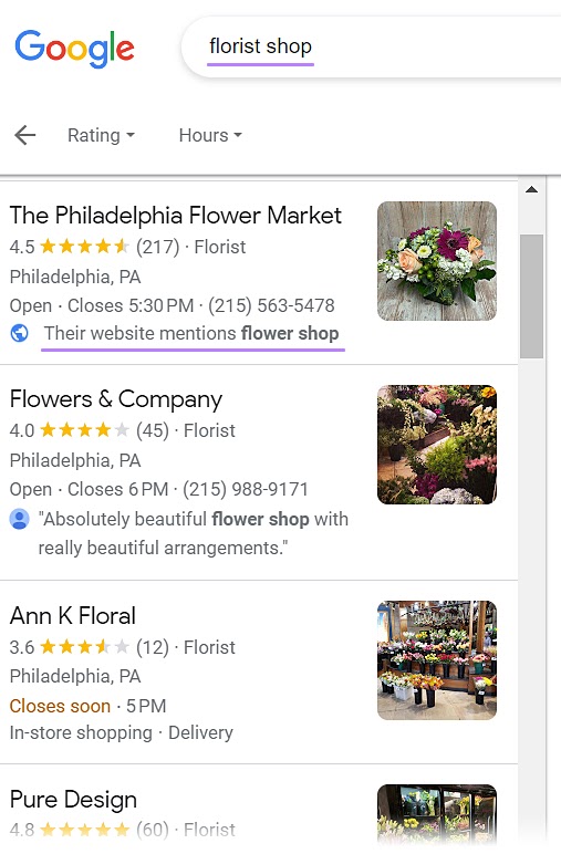 The Philadelphia Flower Market appears in the top search results for 
