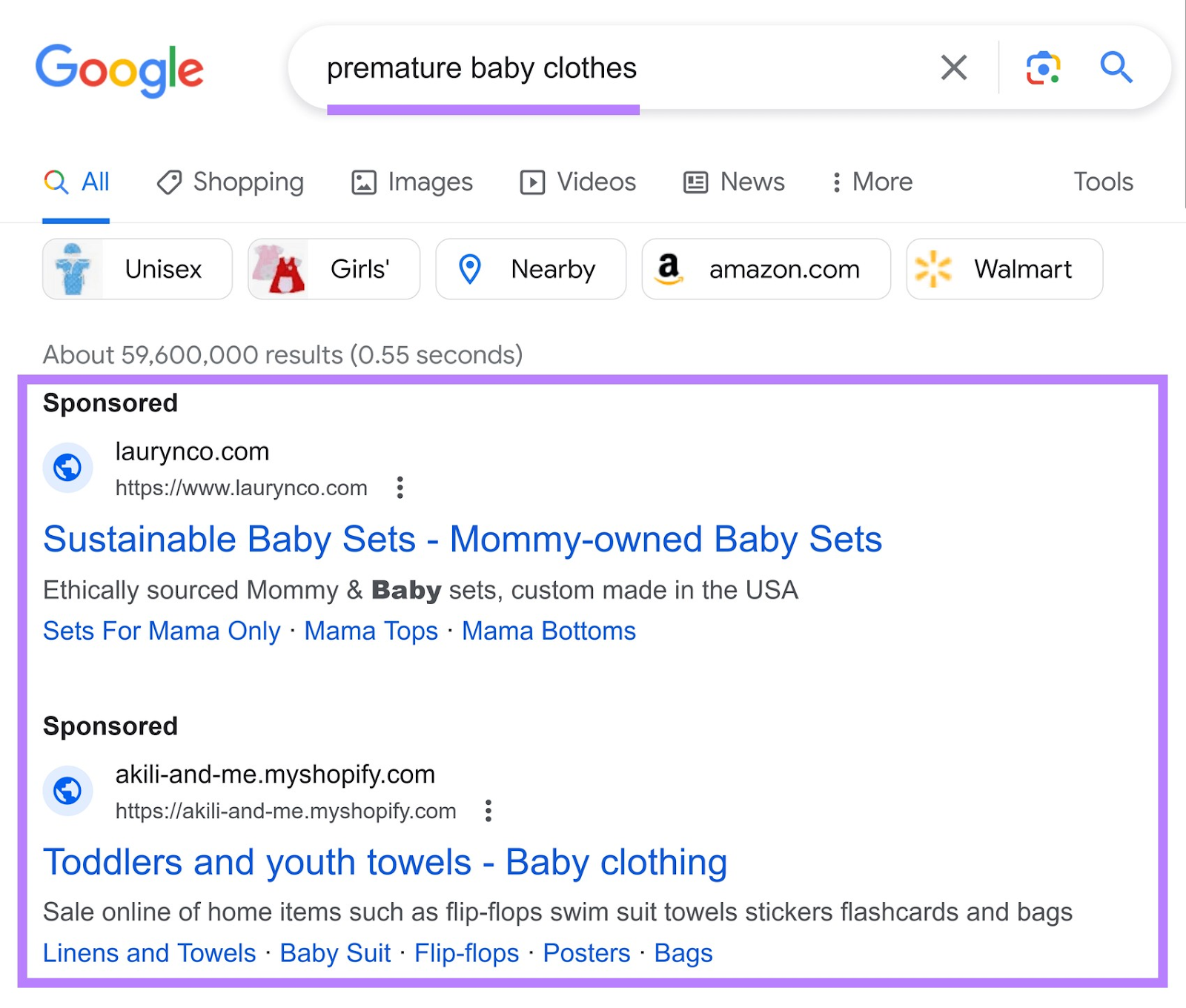 an example of 谷歌search results for “premature baby clothes” s如何ing sponsored results