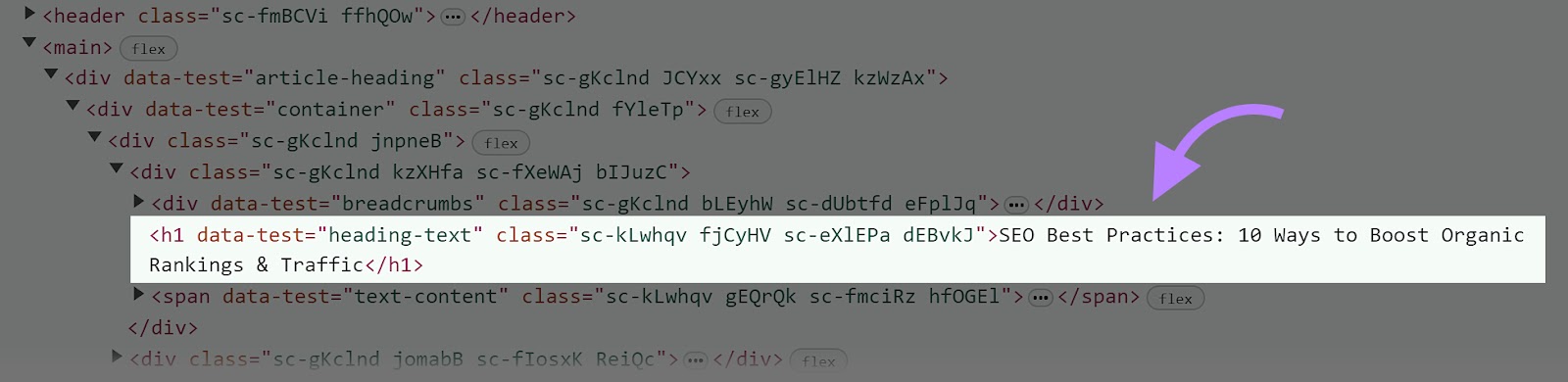 标题1tag shown in the HTML code of a Semrush article.