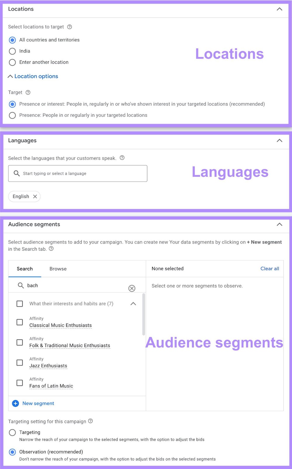 Location, languages and audience segments campaign settings in 谷歌广告