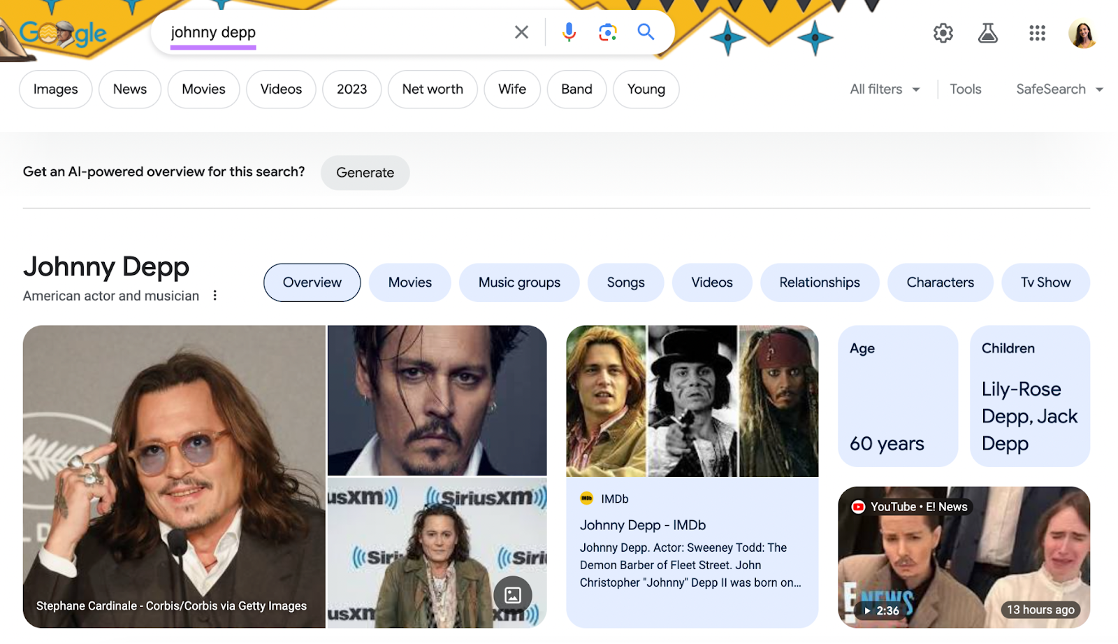 Google's top of page results for “Johnny Depp