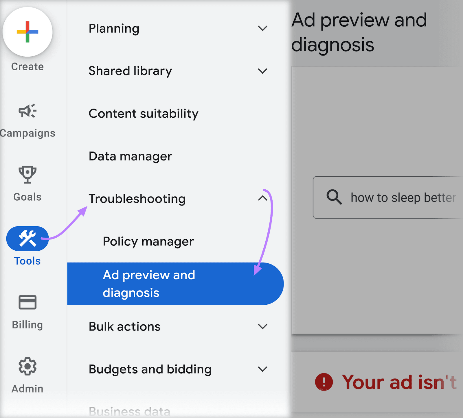 Google Ads menu with 