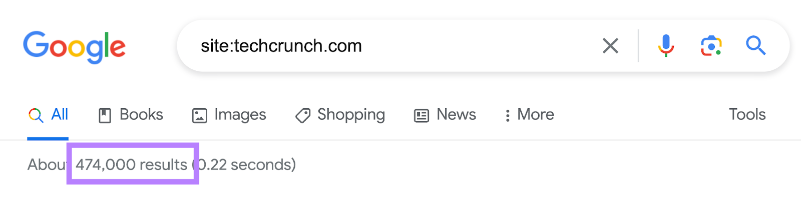 number of indexed pages for “网站:techcrunch.com” showing