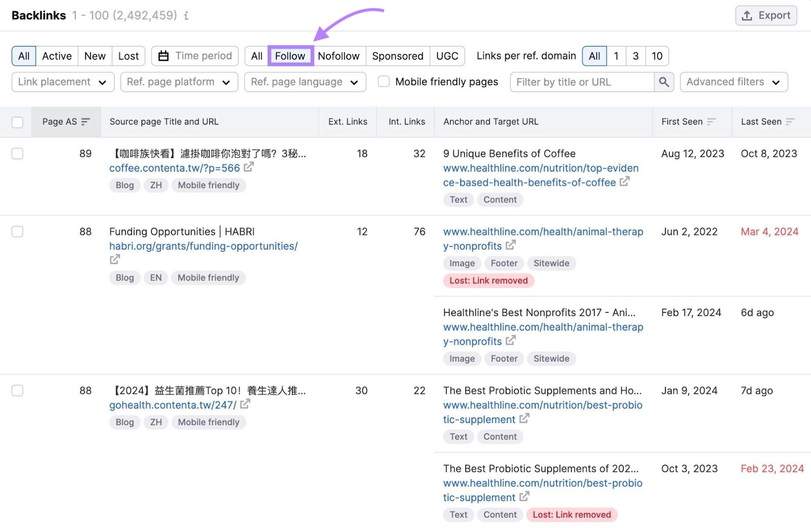 a list of dofollow backlinks in 反向链接分析 tool