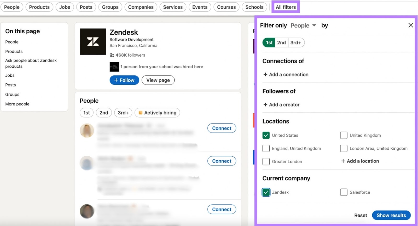 领英 search of Zendesk employees with 'All Filters' highlighted