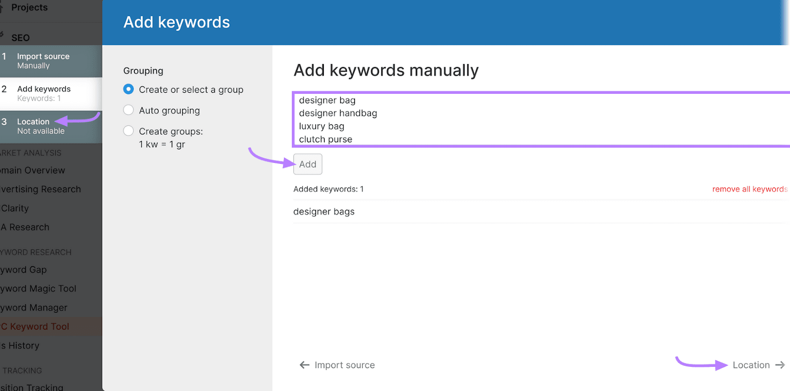 PPC关键字工具 interface for adding keywords manually with listed keywords and navigation panel.
