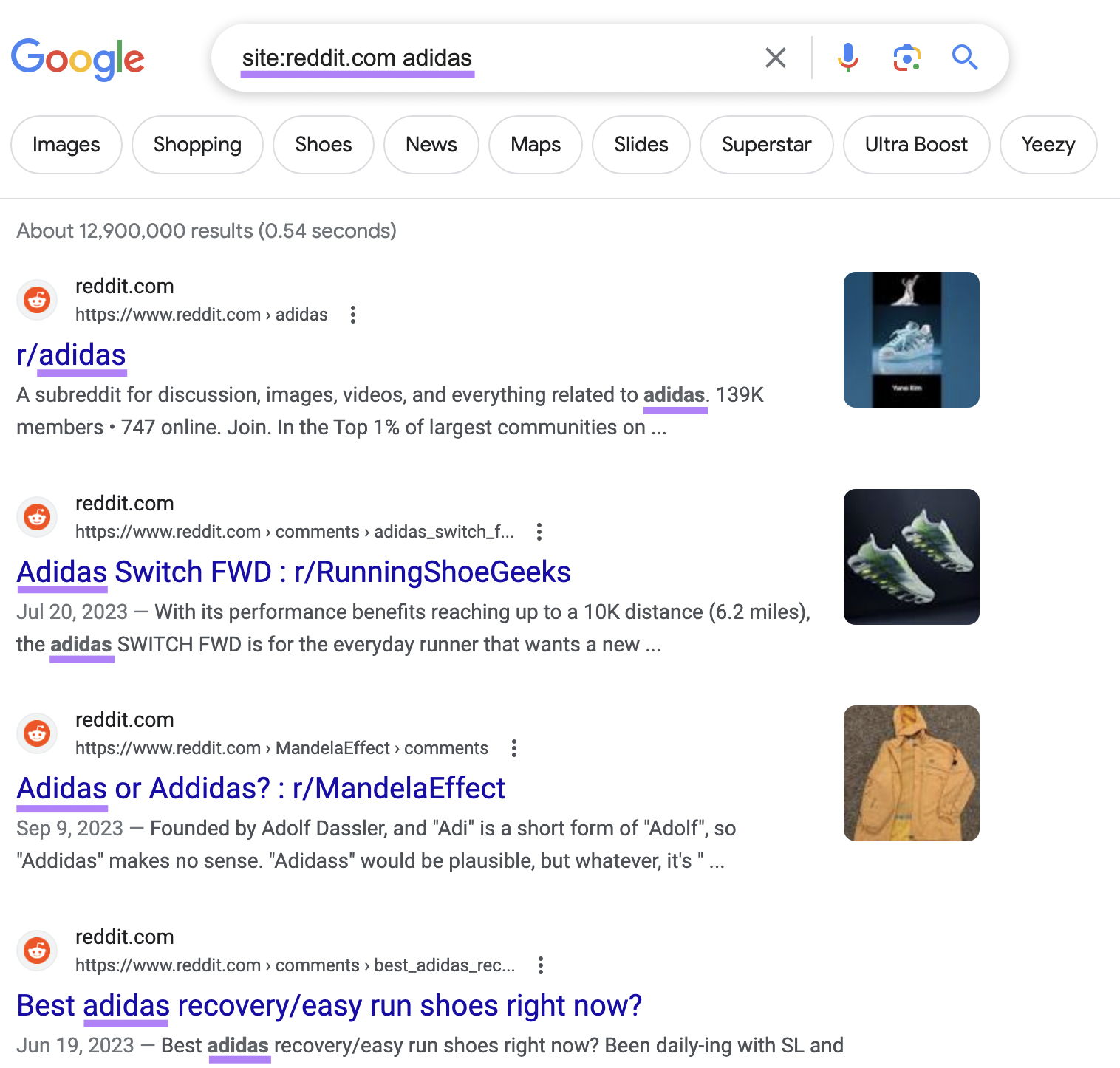 Google's SERP for “site:reddit.com adidas