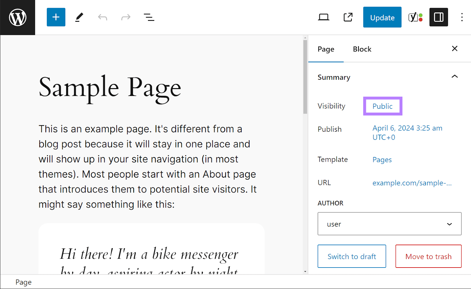 WordPress page with the visibility set to 公众人士.