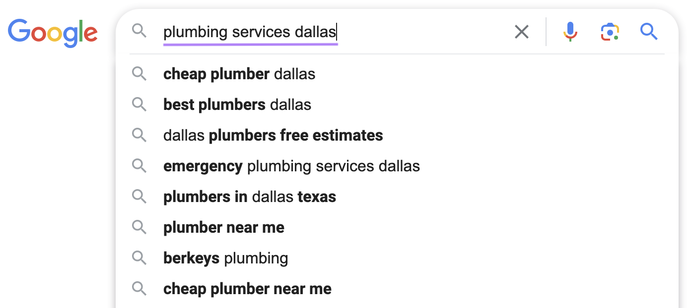 Google suggestions when typing “plumbing services dallas”in search bar