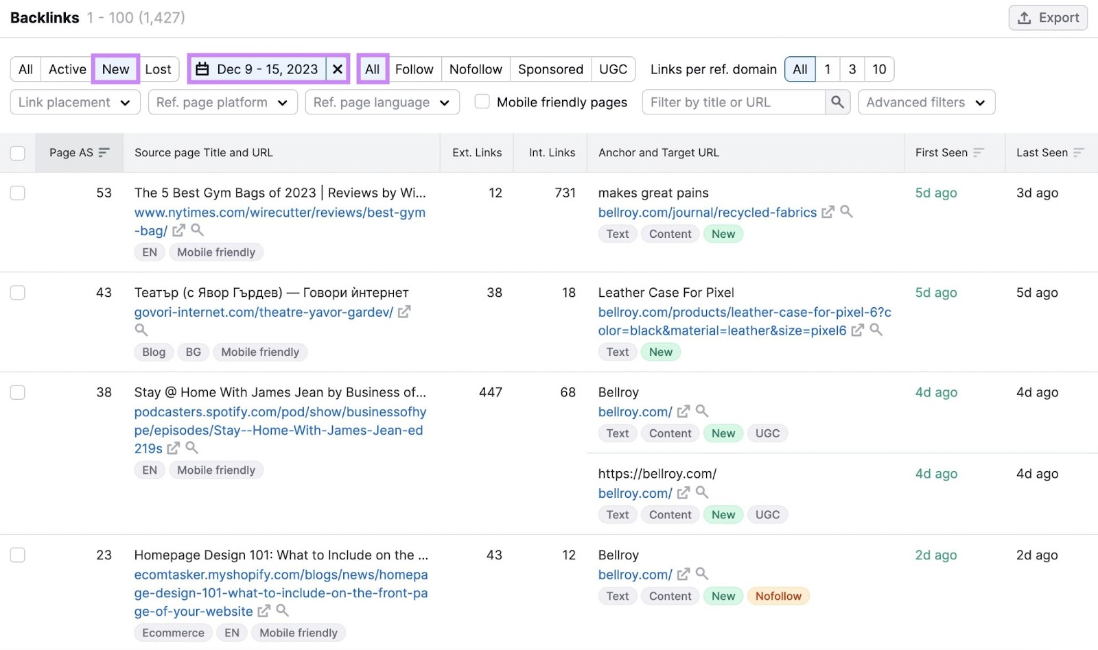 New backlinks dashboard for Dec 9 - 15, 2023 shown in 反向链接分析 tool