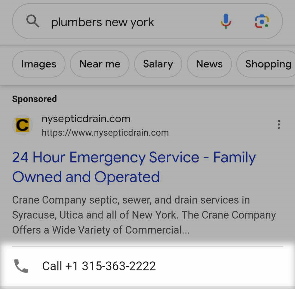 A tap-to-call button highlighted under 谷歌 ad