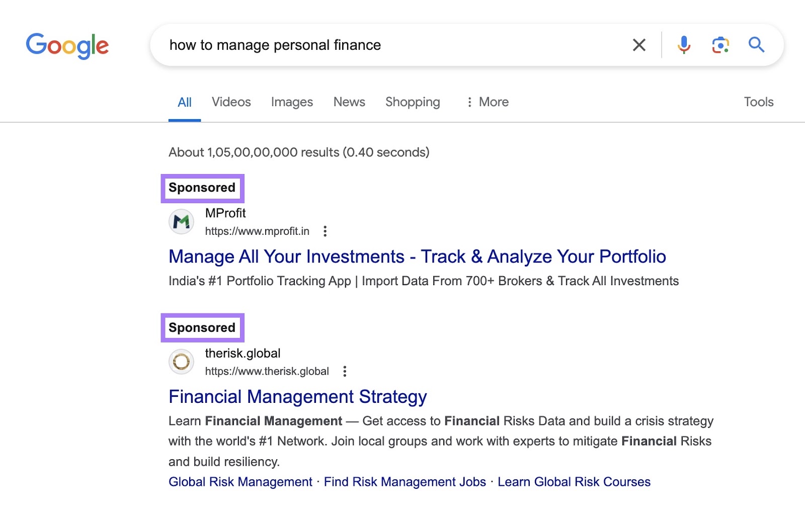 native ads on a Google 搜索引擎结果页
