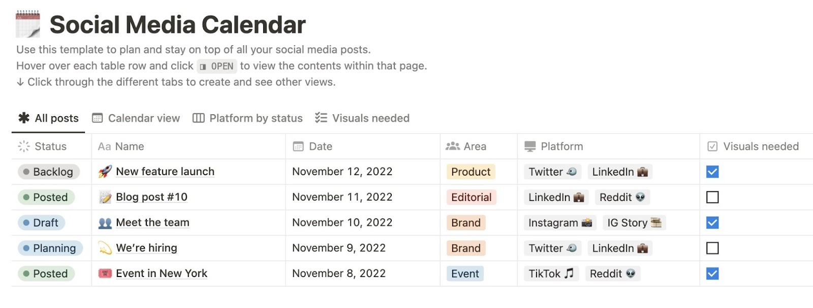 Social media calendar template on 概念 with sections for post name, status, date, and platforms to be posted on.