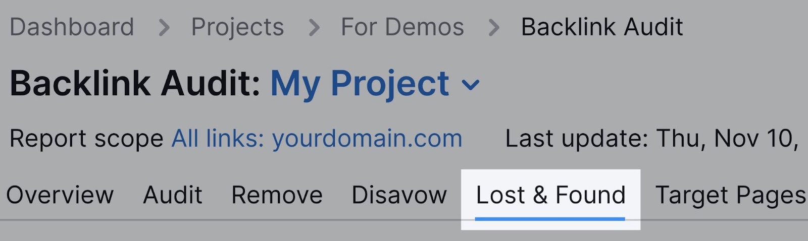 “迷失 & Found”tab in 反向审计 tool