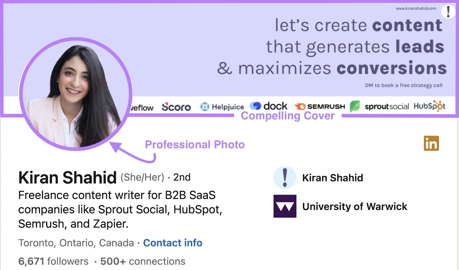 领英 profile of Kiran Shahid highlighting the importance of a clear cover and 专业人员 photo