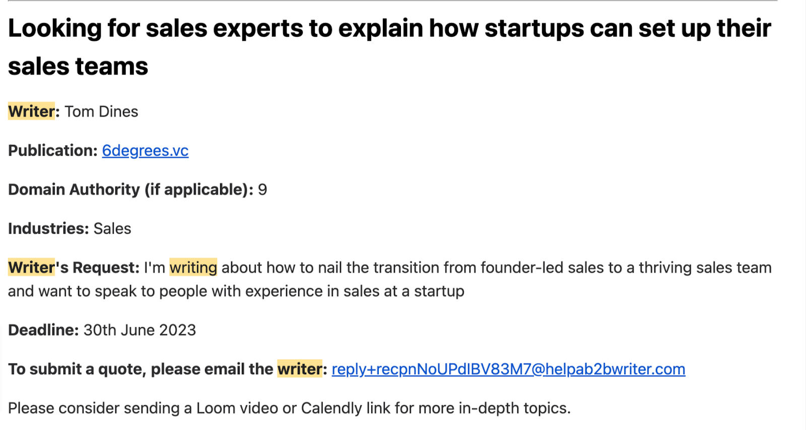 an example of 帮助B2B作家’s query looking for sales experts to explain how startups can set up their sales teams