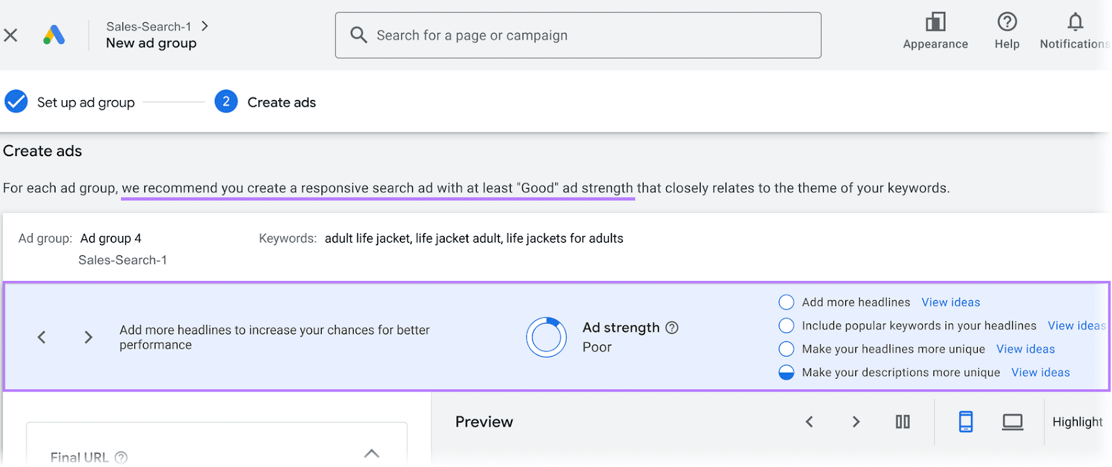 Ad creation interface on 谷歌广告, showing tips to improve ad strength, marked as poor, in a violet box.