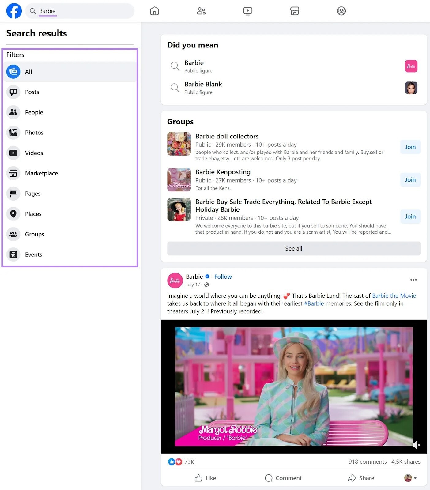 Facebook search results for