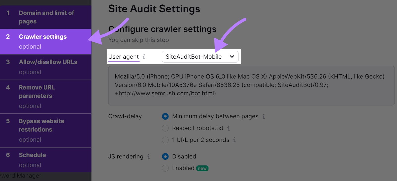 “User agent” set to “网站审计Bot-移动” in 现场审核 “Crawler settings”