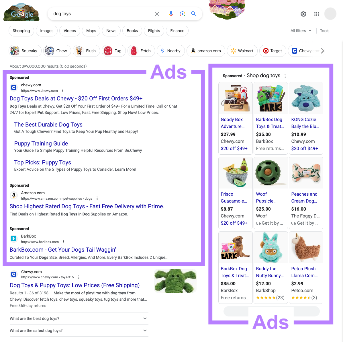 谷歌’s first page including ads