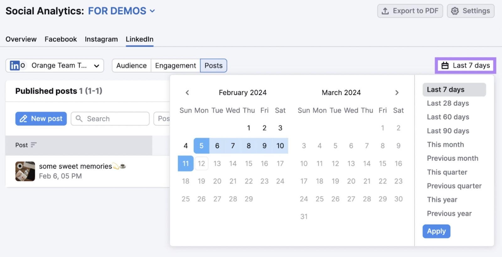 Semrush 社会分析 calendar interface with the last 7 days highlighted and displayed