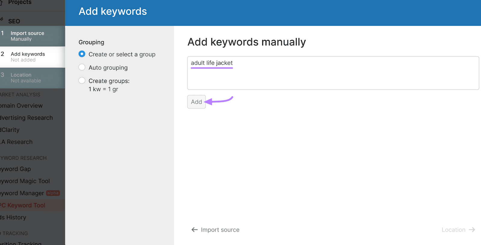 Tool with a text input field with the keyword 
