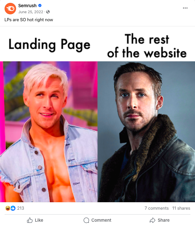 Semrush's Facebook post showing a humorous comparison between 登陆页面 vs the rest of the website