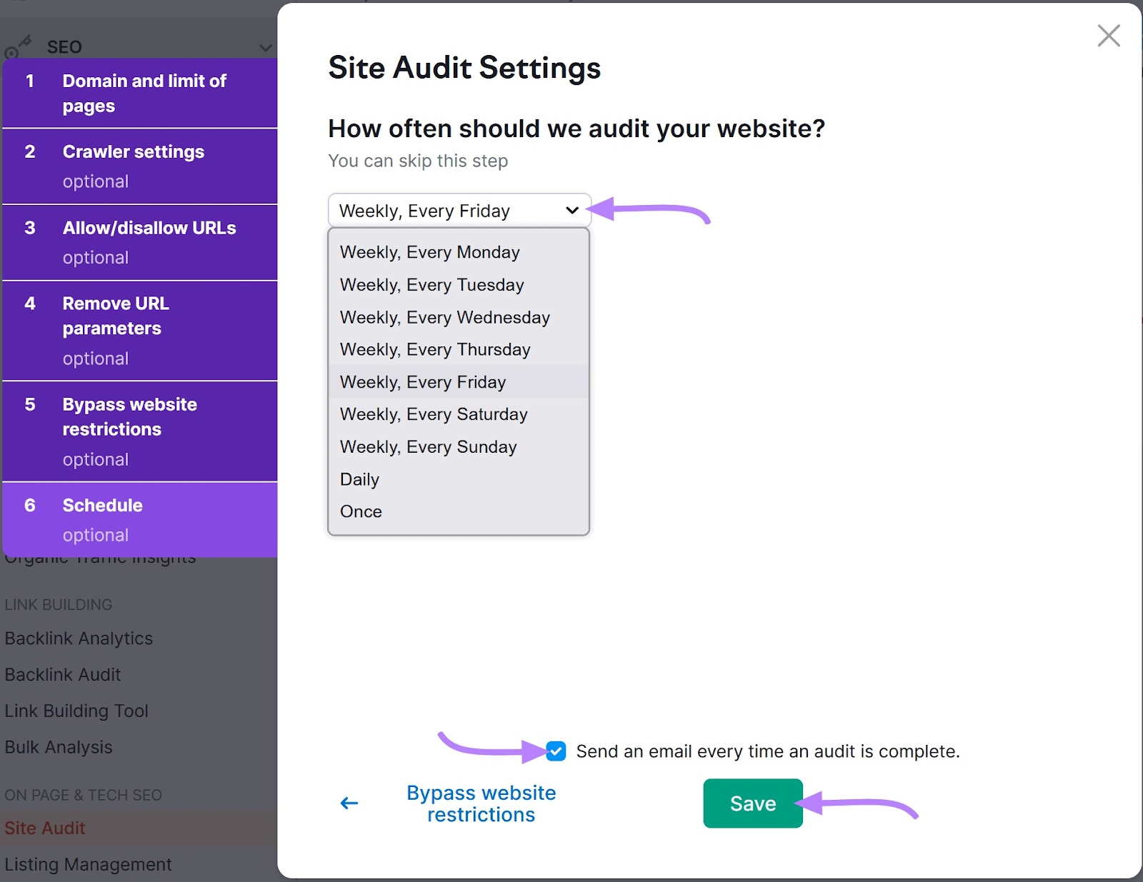 Schedule site audits in 