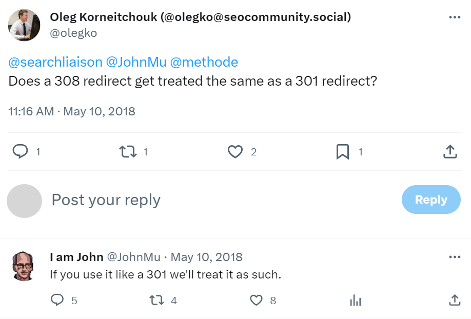 John Mueller's reply to weather 308 重定向s get treated the same as 301 重定向s