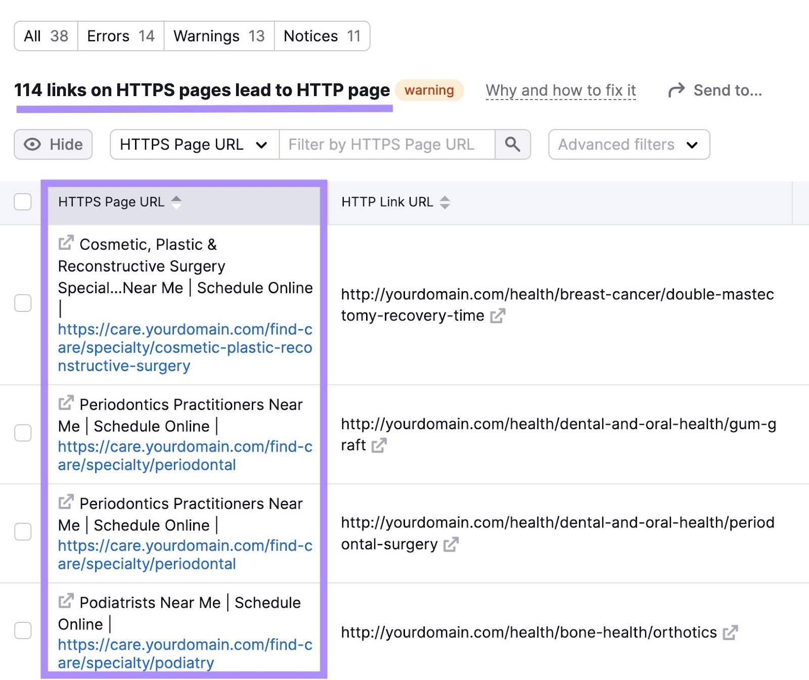 现场审核 report showing pages that contain links to unsecure 内部连结s.