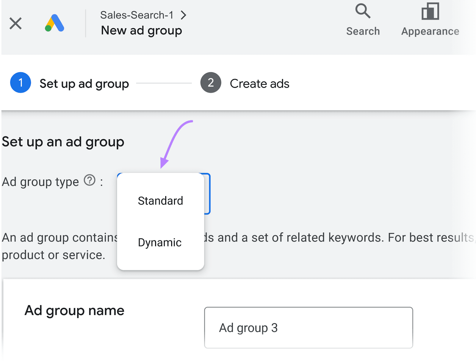 谷歌广告 showing the step to '设立 an ad group' with options for selecting 'Standard' or 'Dynamic' ad group types.
