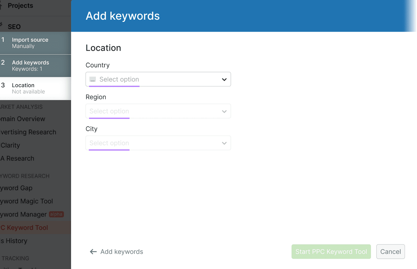 PPC关键字工具 interface for adding keywords with fields for targeting country, region, and city.