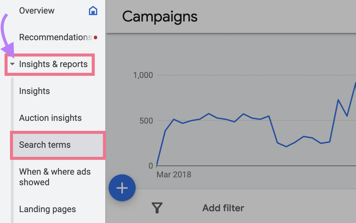 how to navigate to 谷歌广告 search terms report shown in the left-side menu