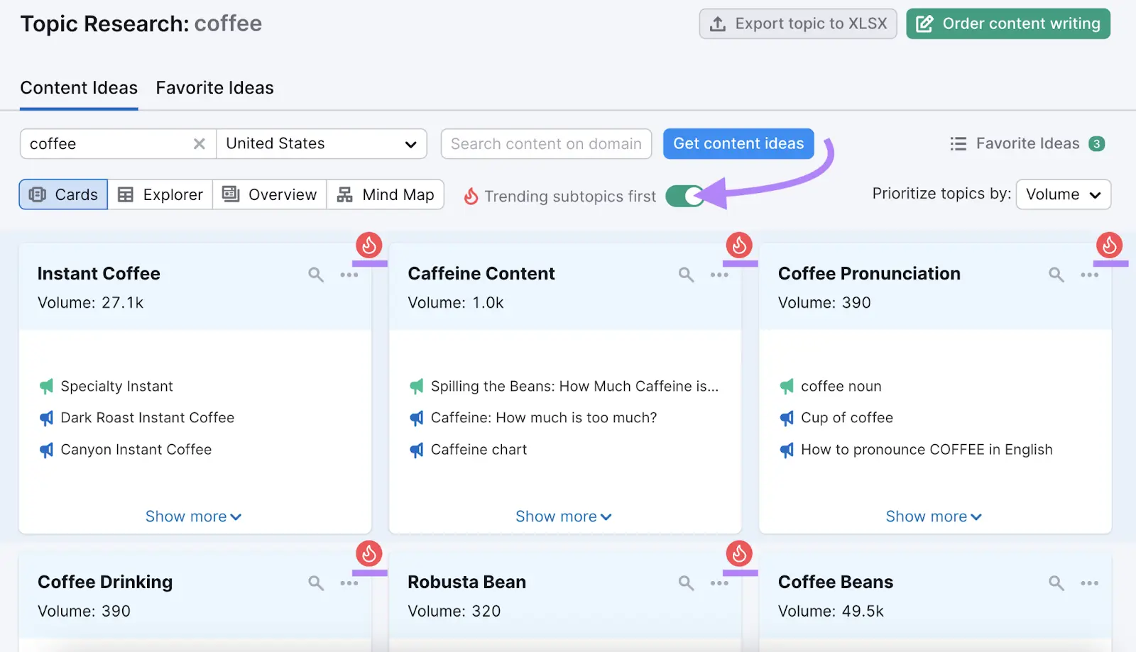 Filtering for trending subtopics in 课题研究 tool