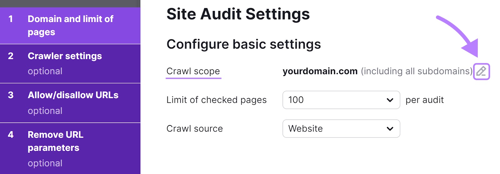 “1. Domain and limit of pages” tab in “现场审核 Settings” window