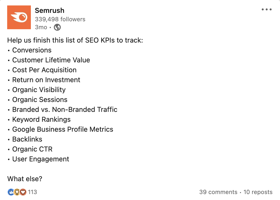 An example of a question-based post from Semrush on 领英