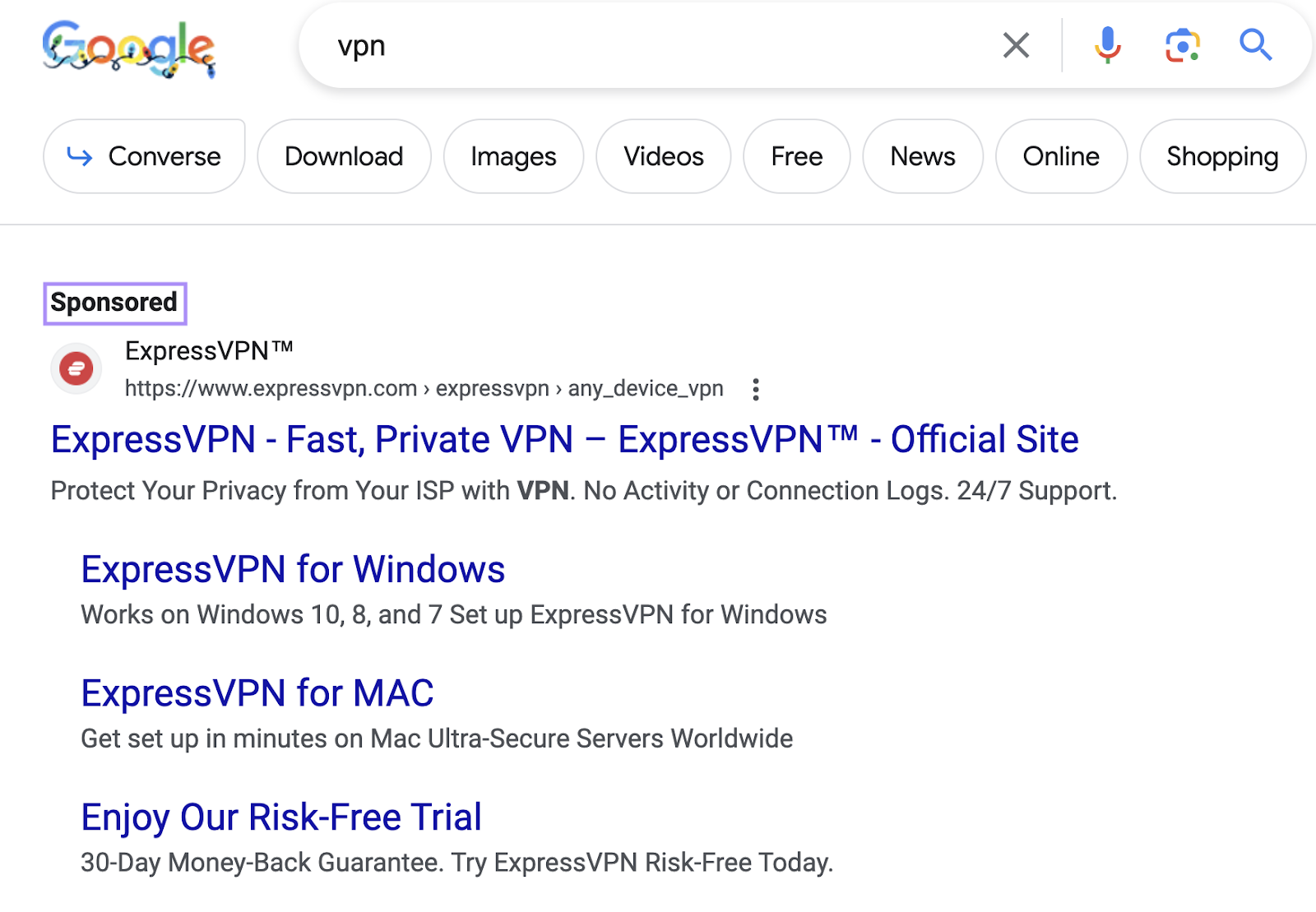 ExpressVPN's PPC ad on Google for the search term 