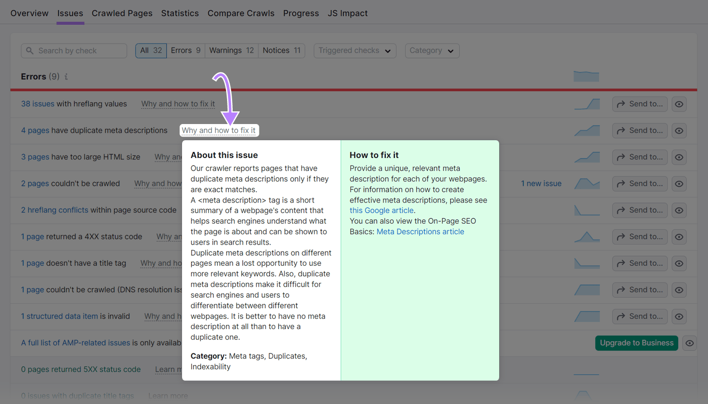 Why and how to fix an issue with duplicate meta descriptions shown in 现场审核 tool