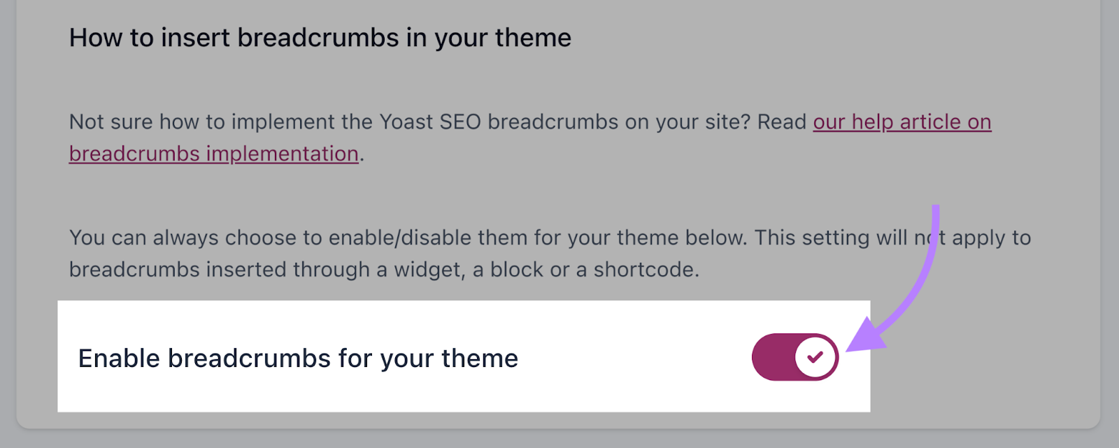 “Enable breadcrumbs for your theme”option highlighted