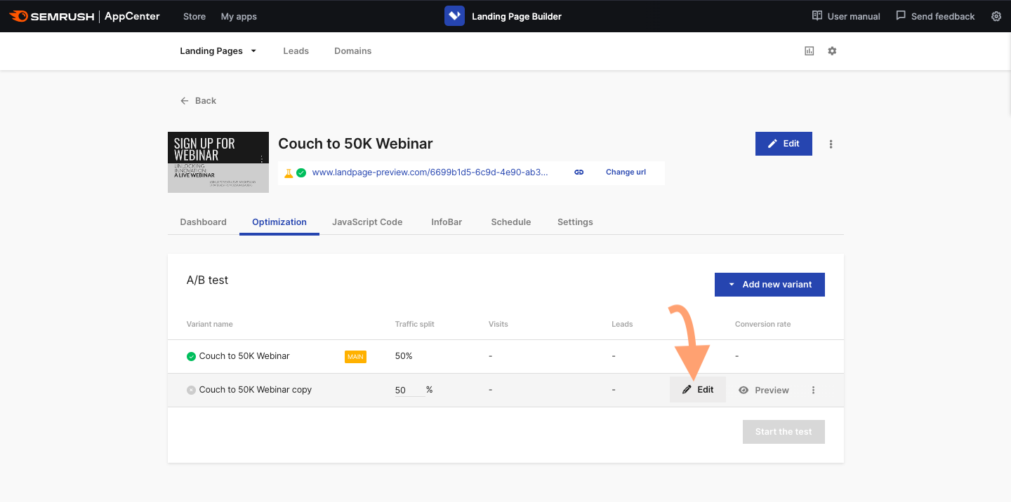 该optimization tab inside the 着陆页生成器 dashboard with an arrow pointing at the edit button.