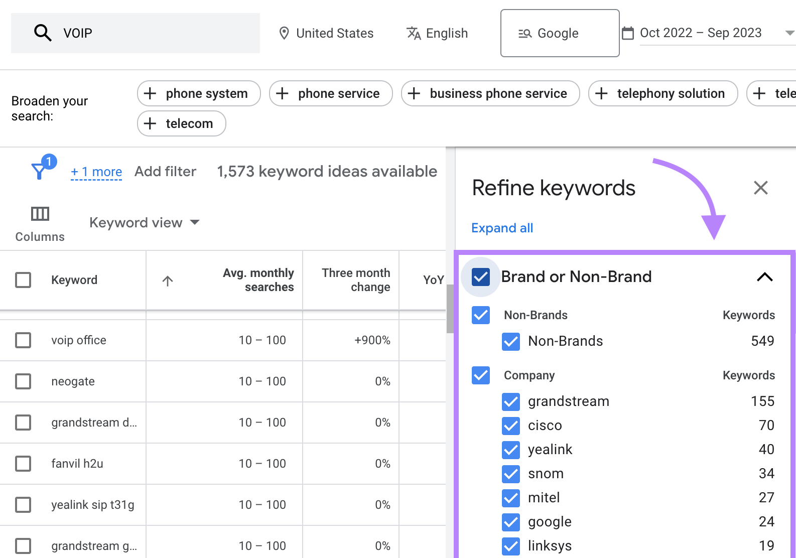 “Refine keywords”drop-down menu in Keyword Planner