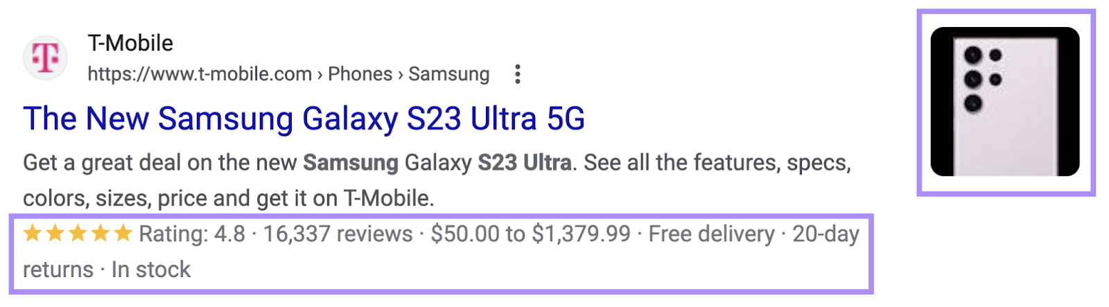 An example of rich results including rating, reviews, price, delivery, returns和stock information under T-Mobile's site for New Samsung Galaxy S23 Ultra 5G