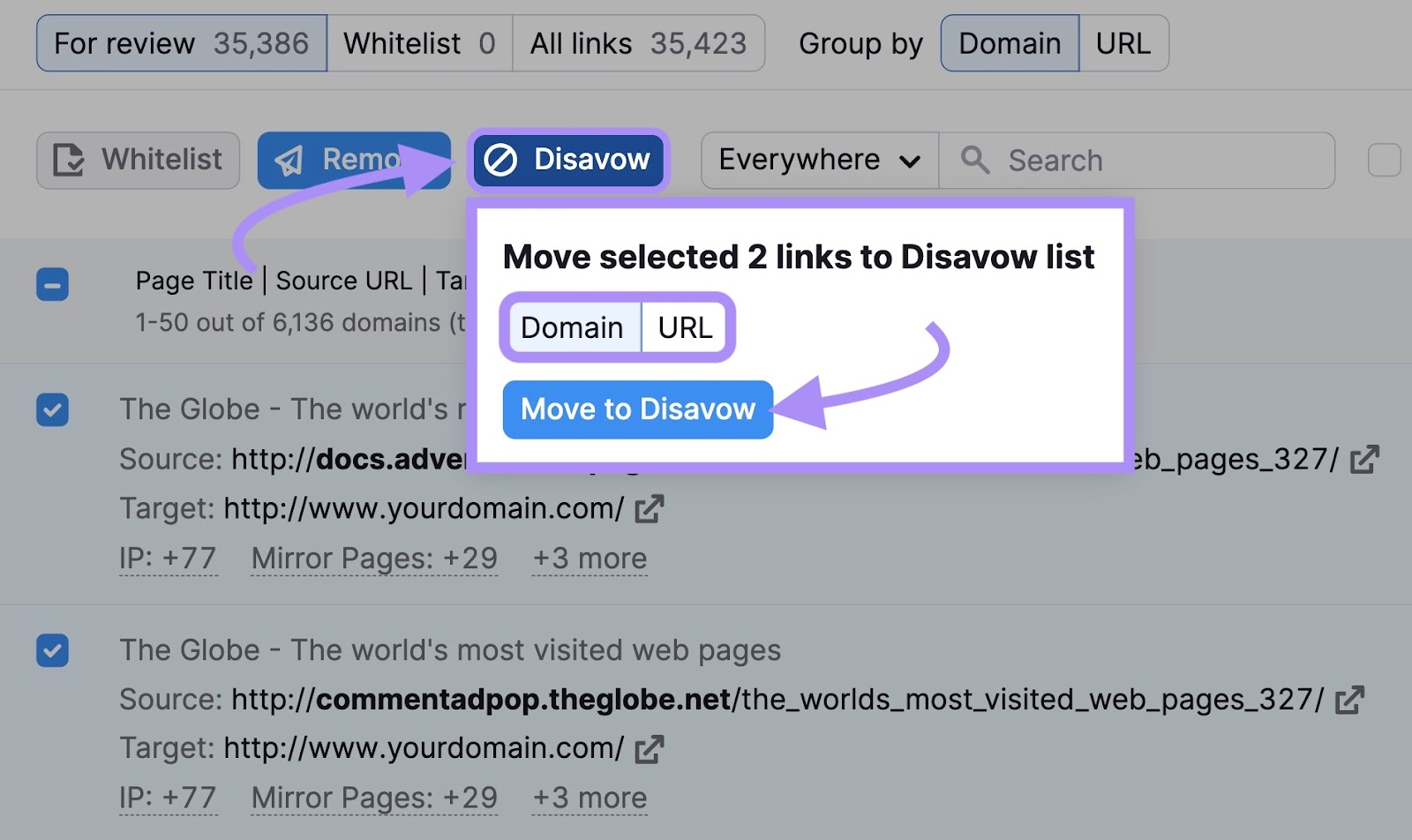 Move selected links to Disavow in 反向审计