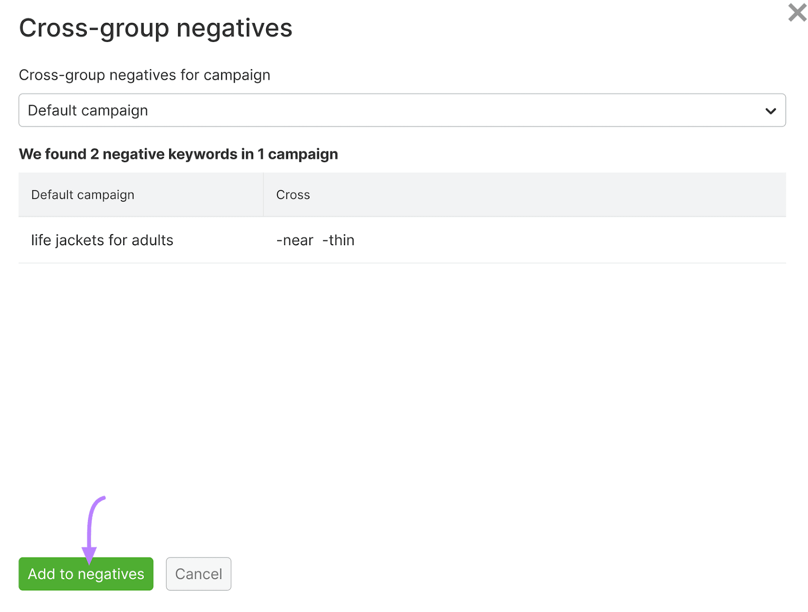 Interface showing cross-group negatives, with 2 keywords found and an 